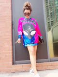 欧洲站2016秋装套头长袖卡通动漫超人图案大版宽松中长款卫衣裙