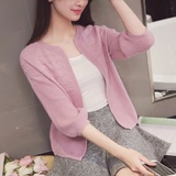 韩版时尚波浪开衫女2016秋季东大门纯色七分袖针织衫短装披肩外套