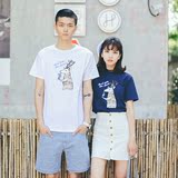 2016新款沙滩情侣装夏装短袖T恤卡通小鹿字母韩国学生大码半袖潮