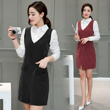 2016春秋新款女装韩版中长款衬衫条纹收腰假两件套长袖连衣裙子潮
