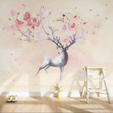 手绘欧式墙纸壁画麋鹿 客厅电视背景墙壁纸 温馨浪漫卧室花卉墙布