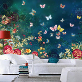 田园花卉蝴蝶墙纸 客厅电视背景墙壁纸 蓝色卧室墙纸大型壁画墙布