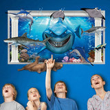 3D视觉鲨鱼儿童房幼儿园背景墙壁装饰贴画 大型个性创意墙贴纸