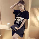 夏季韩国新款女士中长款T恤宽松短袖黑色上衣大码女装学生打底衫