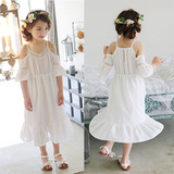 韩国夏装女童吊带长裙儿童白色连衣裙纯棉公主裙露肩休闲裙子夏季