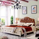 美式乡村床真皮床白色橡木实木床双人床1.8米复古欧式床公主床1.5