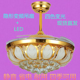 LED水晶隐形金色带灯吊扇灯现代简约客厅卧室餐厅伸缩电风扇吊灯