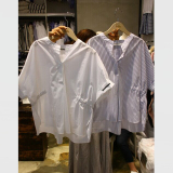 韩国东大门代购2016夏季时尚条纹收腰显瘦圆领短袖白衬衫上衣女装
