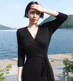 韩国 复古性感深V领气质修身开叉连衣裙 弹力显瘦开叉小黑裙长裙