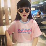 韩版学院风原宿bf风粉色字母半袖宽松短款学生t恤女短袖夏上衣潮