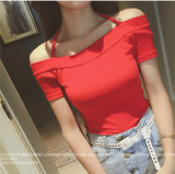 2016新款大码女装新款一字领修身T恤 短袖性感大红色女打底衫