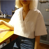 韩国ulzzang原宿V领短袖衬衫女学院风夏装韩范套头短款露脐上衣潮