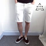 夏季白色高弹力短裤男破洞修身五分中裤简约紧身大码英伦纯棉显瘦