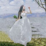 文艺复古刺绣钩花蕾丝连衣裙白色中袖大摆长裙波西米亚仙女度假裙