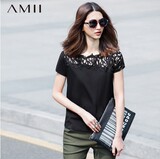 Amii[极简主义]2016夏装短袖纯色蕾丝宽松棉T恤女白色大码打底衫