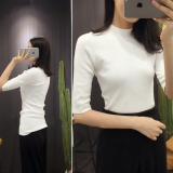 韩版2016春季新款女装半高领五分袖针织衫女修身紧身套头中袖打底