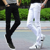 夏季薄款黑白色牛仔裤男士修身型小直筒韩版青少年高弹力小脚裤潮