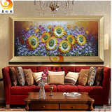 欧式客厅卧室壁画向日葵油画花卉风景手绘立体装饰画玄关挂画横版