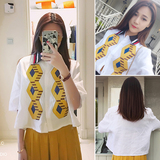 2016夏季新款韩版时尚潮流复古菱格皮条纹拼接五分袖短款衬衫 女