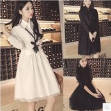 2016春新品韩国SZ女衬衫长袖中长款蕾丝拼接大码立领打底衫连衣裙