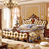 美式床欧式床实木真皮橡木床深色家具卧室双人婚床1.8米高箱储物