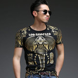 夏季男版T恤短袖烫金大象泰国风圆领半袖小衫流行个性半截袖衣服