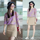巴黎时装周刘诗诗机场街拍同款套装女紫色毛衣+A字包臀半裙两件套