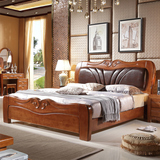 实木床1.8米双人床带皮靠简约现代橡胶木气动高箱储物床特价包邮