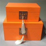 新中式样板房摆件漆器橙色不锈钢田字扣素漆收纳首饰盒储物盒