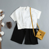 原创设计男童亚麻衬衫蝙蝠袖宽松日系中性女童衬衣夏天纯儿童棉麻