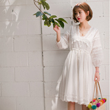 mimius2016夏季新款甜美淑女镂空蕾丝收腰连衣裙女白色M6021
