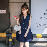 mimius2016夏季新款马甲裙双排扣百褶西装式麻料连衣裙M5819