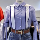 韩国直邮东大么办正品女装代购夏季新竖条纹漏肩性感蓝色短袖衬衫