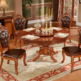 欧式大理石餐桌圆桌带转盘美式全实木雕花新古典小户型餐桌椅组合