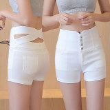 正品白色牛仔短裤弹力女学生韩版潮外穿大码胖mm夏天高腰修身显瘦