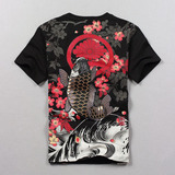 中国民族风个性短袖T恤男 夏季爆烂娘大码半袖 鲤鱼刺绣纹身衣服