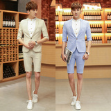 夏季韩版时尚七分袖小西装新郎伴郎结婚礼服男青年五分裤西服套装