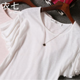 夏季韩版纯色荷叶袖洗水竹节棉t恤女夏宽松学生短袖上衣