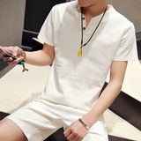 中国风亚麻短袖T恤 男装纯色棉麻体恤夏季日系复古潮青年半袖衣服