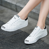 韩版系带小白鞋休闲皮面开口笑帆布鞋女学生平底板鞋白色透气单鞋