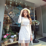 【南表妹】2016春夏新款镂空白色蕾丝连衣裙修身长袖韩版短裙显瘦