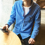 春秋季格子衬衫男青年韩版长袖修身学生纯棉衬衣常规大码英伦潮流