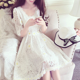 韩国夏季新款刺绣立体花朵收腰五分袖蕾丝仙女A字公主气质连衣裙