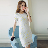 2016夏季新款韩版太阳花蕾丝显瘦镂空短袖包臀气质连衣裙中长裙