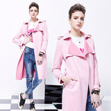 CHOK粉色麂皮绒风衣女中长款 欧美春装新款休闲长袖外套修身显瘦