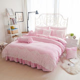 新品韩式粉色床上四件套水晶绒公主风蕾丝被套珊瑚绒床罩2.0m床裙