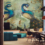 东南亚复古油画墙纸 个性手绘孔雀电视背景墙壁纸 定制墙纸壁画