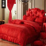 婚庆床品四件套纯棉大红色 公主风蕾丝结婚床单六八件套1.8/2.0m
