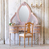 美式橡木雕花化妆桌卧室粉色加藤梳妆台法式小户型高档做旧梳妆桌
