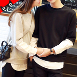 2016秋季新款韩版衬衫拼接 大码纯色假两件套头长袖情侣卫衣潮